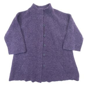 Eileen Fisher Wool Sweater Coat Womens Large  Purple Boucle Textured Lagenlook